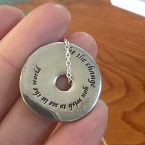 NWT Sterling Silver Circular Disc Pendant Necklace Gandhi “Be the Change” 10”